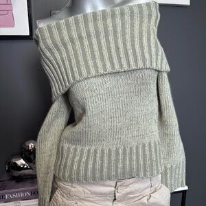 Off-Shoulder Rib-Knit Sweater in Light Sage